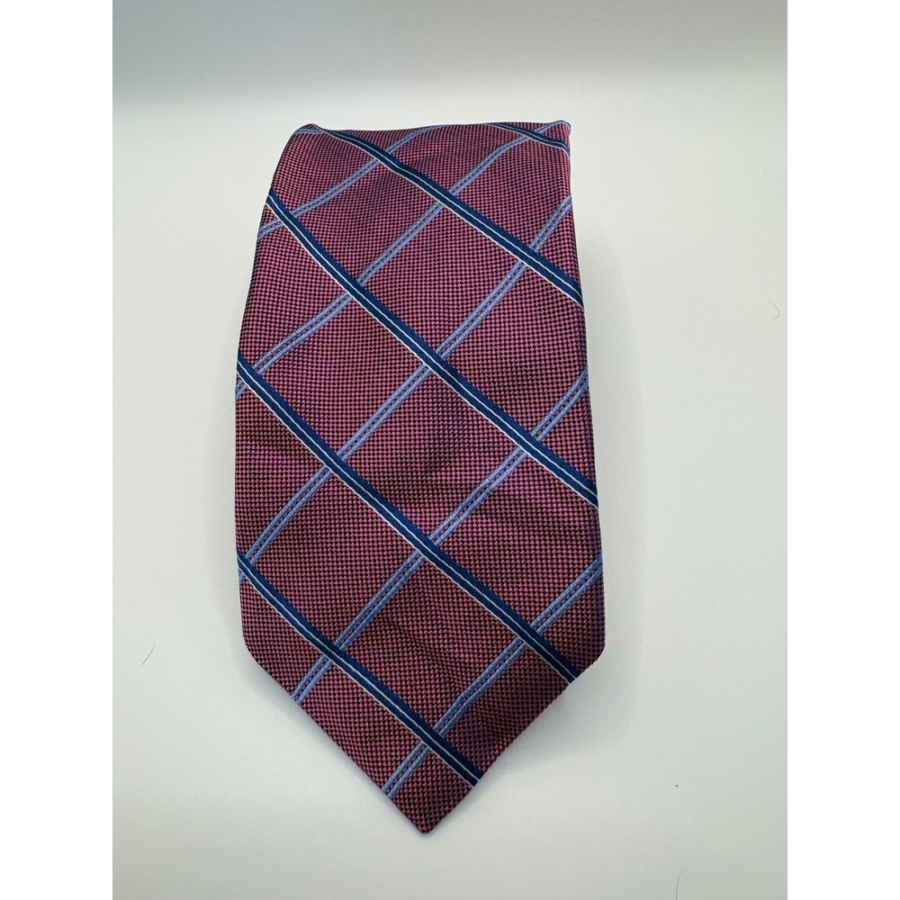 Roundtree & Yorke Trademark Mens Silk Tie Burgundy Navy Blue Plaid 3.25 Inch